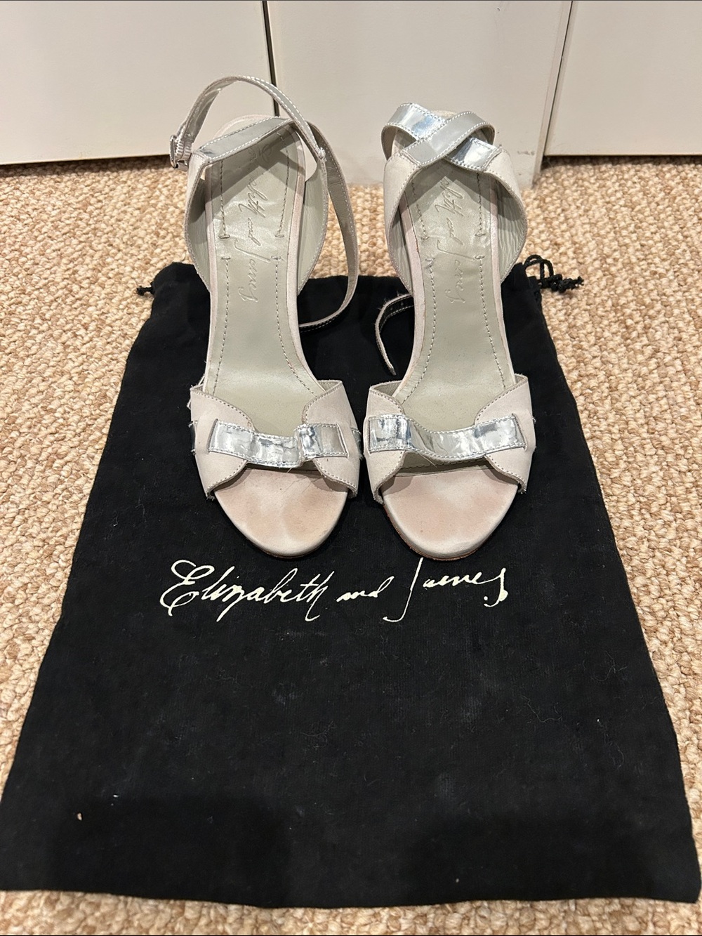 Elizabeth and James Metallic Silver & Cream Bow Heels with Ankle Strap